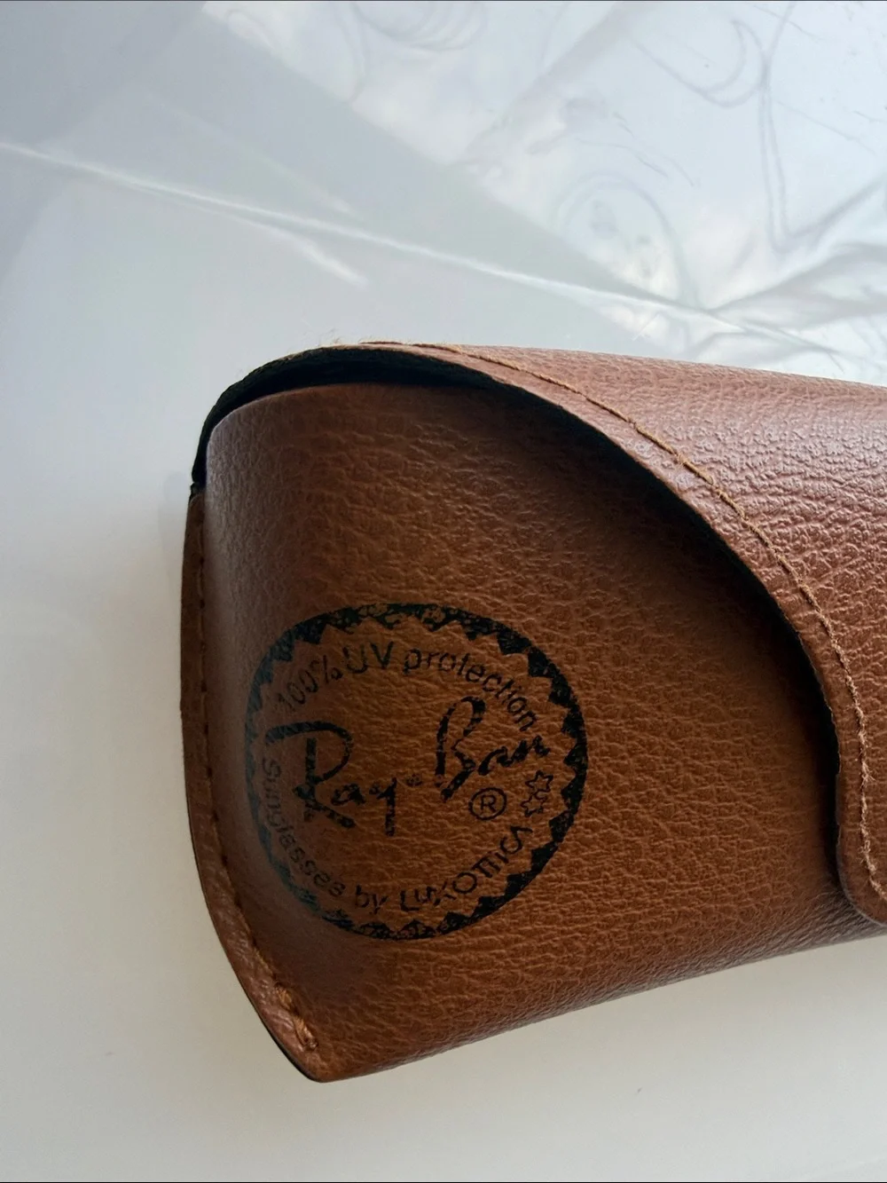 Ray-Ban Brown Leather Sunglasses Case with Embossed Logo